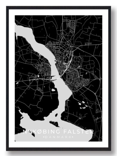 Nykøbing Falster bykort i stilrent plakat design. Denne Nykøbing Falster byplakat er med sort baggrund og viser Nykøbing Falster kortet fra sin smukkeste side