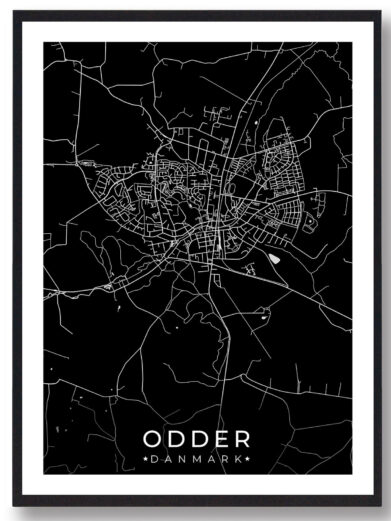 Odder bykort i stilrent plakat design. Denne Odder byplakat er med sort baggrund og viser Odder kortet fra sin smukkeste side
