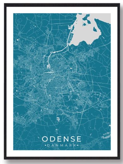 Odense bykort i stilrent plakat design. Denne Odense byplakat er med blå baggrund og viser Odense kortet fra sin smukkeste side