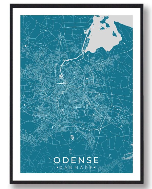 Odense bykort i stilrent plakat design. Denne Odense byplakat er med blå baggrund og viser Odense kortet fra sin smukkeste side