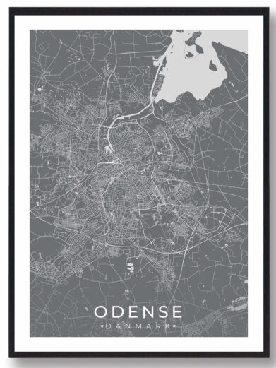 Odense bykort i stilrent plakat design. Denne Odense byplakat er med grå baggrund og viser Odense kortet fra sin smukkeste side