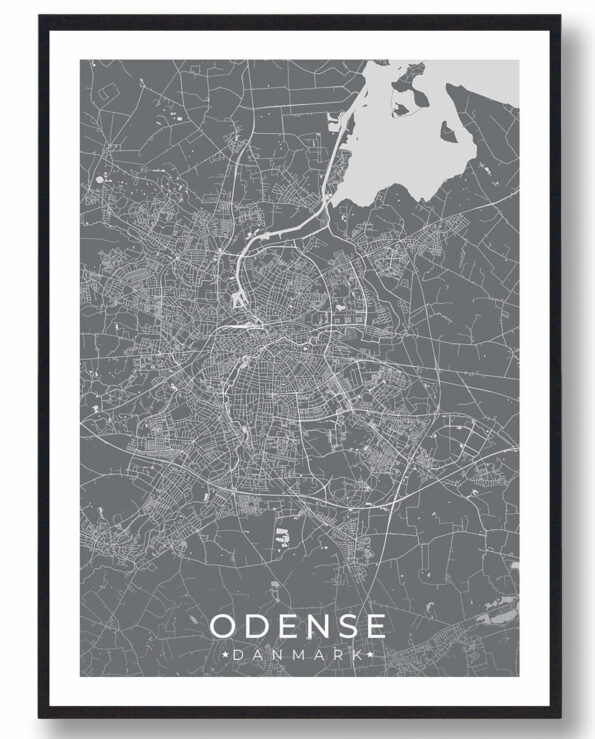 Odense bykort i stilrent plakat design. Denne Odense byplakat er med grå baggrund og viser Odense kortet fra sin smukkeste side