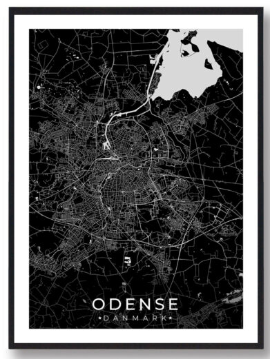 Odense bykort i stilrent plakat design. Denne Odense byplakat er med sort baggrund og viser Odense kortet fra sin smukkeste side