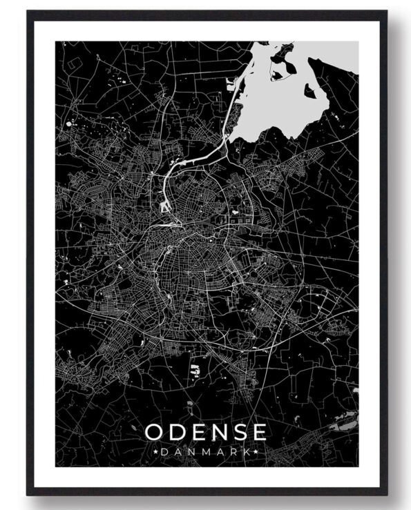 Odense bykort i stilrent plakat design. Denne Odense byplakat er med sort baggrund og viser Odense kortet fra sin smukkeste side