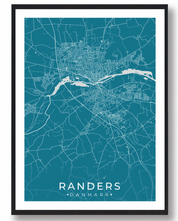 Randers bykort i stilrent plakat design. Denne Randers byplakat er med blå baggrund og viser Randers kortet fra sin smukkeste side