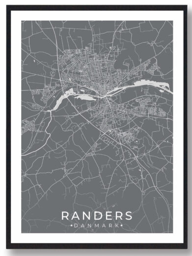 Randers bykort i stilrent plakat design. Denne Randers byplakat er med grå baggrund og viser Randers kortet fra sin smukkeste side