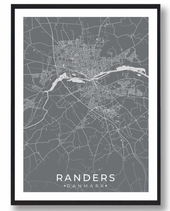 Randers bykort i stilrent plakat design. Denne Randers byplakat er med grå baggrund og viser Randers kortet fra sin smukkeste side