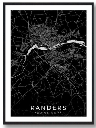 Randers bykort i stilrent plakat design. Denne Randers byplakat er med sort baggrund og viser Randers kortet fra sin smukkeste side