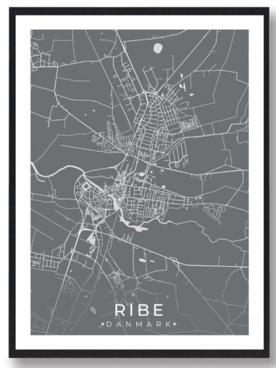 Ribe bykort i stilrent plakat design. Denne Ribe byplakat er med grå baggrund og viser Ribe kortet fra sin smukkeste side