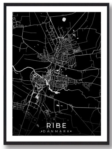 Ribe bykort i stilrent plakat design. Denne Ribe byplakat er med sort baggrund og viser Ribe kortet fra sin smukkeste side