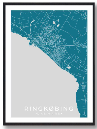 Ringkøbing bykort i stilrent plakat design. Denne Ringkøbing byplakat er med blå baggrund og viser Ringkøbing kortet fra sin smukkeste side