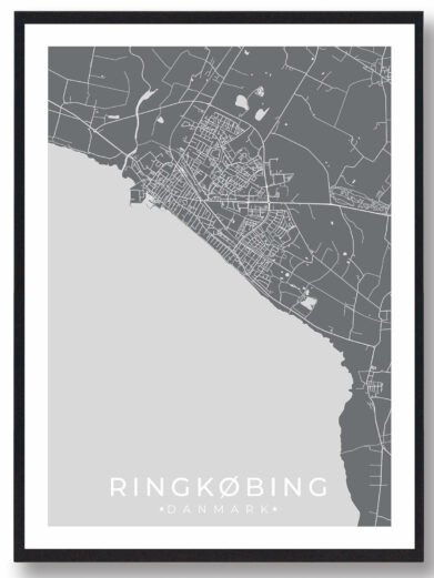 Ringkøbing bykort i stilrent plakat design. Denne Ringkøbing byplakat er med grå baggrund og viser Ringkøbing kortet fra sin smukkeste side