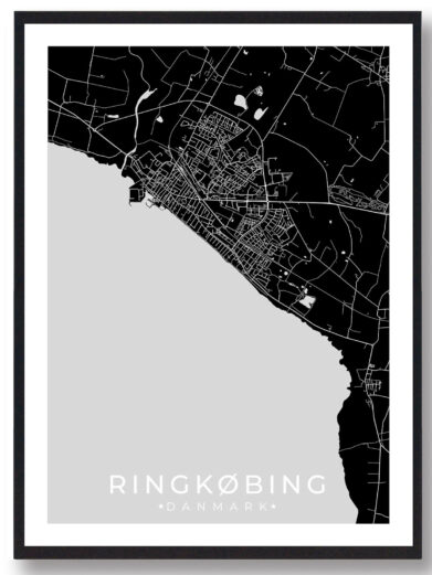 Ringkøbing bykort i stilrent plakat design. Denne Ringkøbing byplakat er med sort baggrund og viser Ringkøbing kortet fra sin smukkeste side