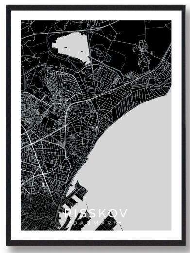 Risskov bykort i stilrent plakat design. Denne Risskov byplakat er med sort baggrund og viser Risskov kortet fra sin smukkeste side