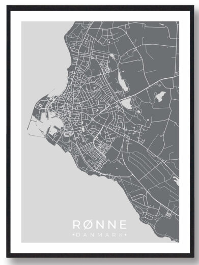 Rønne bykort i stilrent plakat design. Denne Rønne byplakat er med grå baggrund og viser Rønne kortet fra sin smukkeste side