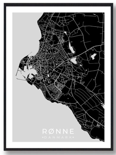 Rønne bykort i stilrent plakat design. Denne Rønne byplakat er med sort baggrund og viser Rønne kortet fra sin smukkeste side