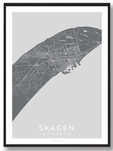 Skagen bykort i stilrent plakat design. Denne Skagen byplakat er med grå baggrund og viser Skagen kortet fra sin smukkeste side