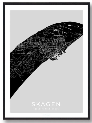 Skagen bykort i stilrent plakat design. Denne Skagen byplakat er med sort baggrund og viser Skagen kortet fra sin smukkeste side