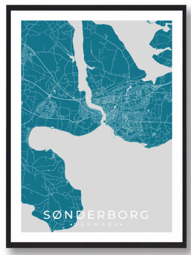 Sønderborg bykort i stilrent plakat design. Denne Sønderborg byplakat er med blå baggrund og viser Sønderborg kortet fra sin smukkeste side