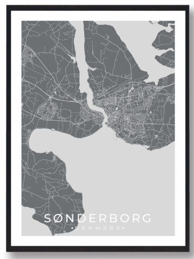 Sønderborg bykort i stilrent plakat design. Denne Sønderborg byplakat er med grå baggrund og viser Sønderborg kortet fra sin smukkeste side