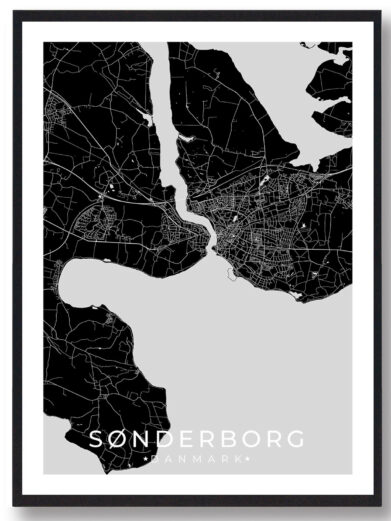 Sønderborg bykort i stilrent plakat design. Denne Sønderborg byplakat er med sort baggrund og viser Sønderborg kortet fra sin smukkeste side