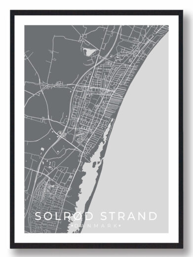 Solrød Strand bykort i stilrent plakat design. Denne Solrød Strand byplakat er med grå baggrund og viser Solrød Strand kortet fra sin smukkeste side