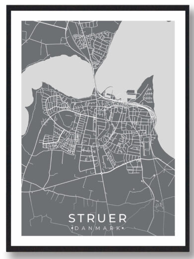 Struer bykort i stilrent plakat design. Denne Struer byplakat er med grå baggrund og viser Struer kortet fra sin smukkeste side