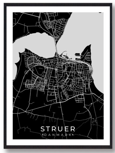 Struer bykort i stilrent plakat design. Denne Struer byplakat er med sort baggrund og viser Struer kortet fra sin smukkeste side