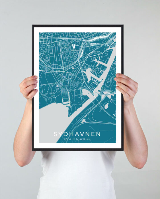 Sydhavnen bykort i stilrent plakat design. Denne Sydhavnen byplakat er med blå baggrund og viser Sydhavnen kortet fra sin smukkeste side