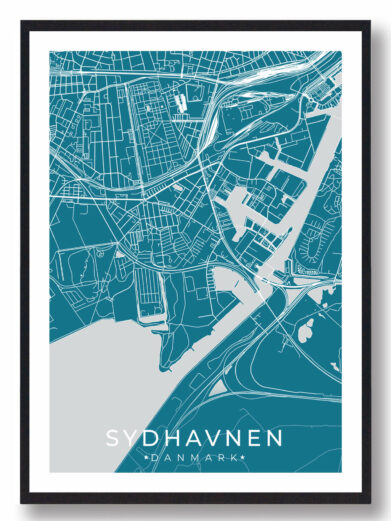 Sydhavnen bykort i stilrent plakat design. Denne Sydhavnen byplakat er med blå baggrund og viser Sydhavnen kortet fra sin smukkeste side