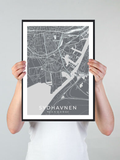 Sydhavnen bykort i stilrent plakat design. Denne Sydhavnen byplakat er med grå baggrund og viser Sydhavnen kortet fra sin smukkeste side