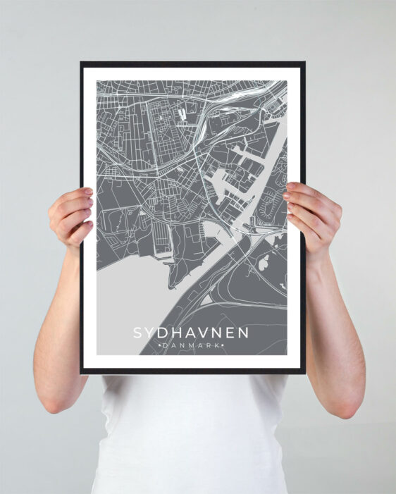 Sydhavnen bykort i stilrent plakat design. Denne Sydhavnen byplakat er med grå baggrund og viser Sydhavnen kortet fra sin smukkeste side