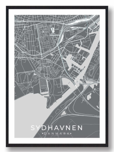 Sydhavnen bykort i stilrent plakat design. Denne Sydhavnen byplakat er med grå baggrund og viser Sydhavnen kortet fra sin smukkeste side