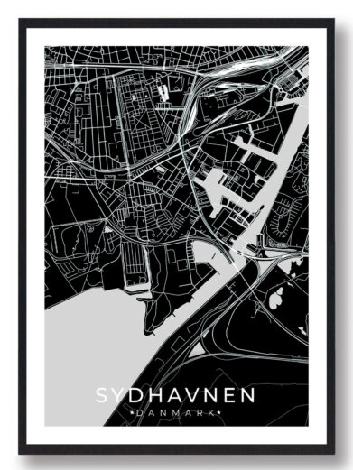 Sydhavnen bykort i stilrent plakat design. Denne Sydhavnen byplakat er med sort baggrund og viser Sydhavnen kortet fra sin smukkeste side