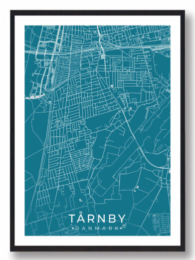 Tårnby bykort i stilrent plakat design. Denne Tårnby byplakat er med blå baggrund og viser Tårnby kortet fra sin smukkeste side