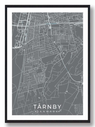 Tårnby bykort i stilrent plakat design. Denne Tårnby byplakat er med grå baggrund og viser Tårnby kortet fra sin smukkeste side
