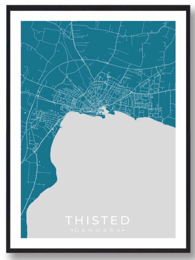 Thisted bykort i stilrent plakat design. Denne Thisted byplakat er med blå baggrund og viser Thisted kortet fra sin smukkeste side
