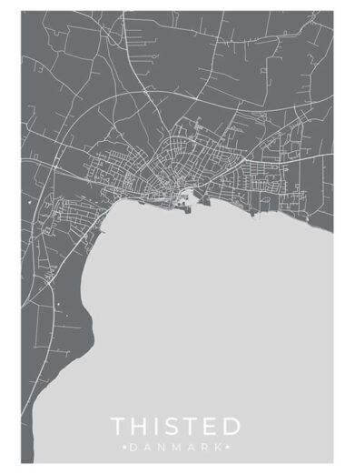 Thisted bykort i stilrent plakat design. Denne Thisted byplakat er med grå baggrund og viser Thisted kortet fra sin smukkeste side