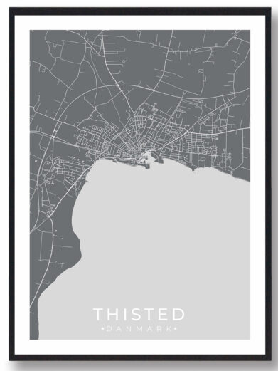 Thisted bykort i stilrent plakat design. Denne Thisted byplakat er med grå baggrund og viser Thisted kortet fra sin smukkeste side