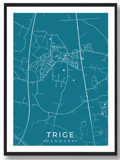 Trige bykort i stilrent plakat design. Denne Trige byplakat er med blå baggrund og viser Trige kortet fra sin smukkeste side