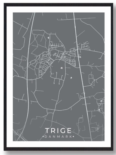 Trige bykort i stilrent plakat design. Denne Trige byplakat er med grå baggrund og viser Trige kortet fra sin smukkeste side