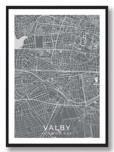 Valby bykort i stilrent plakat design. Denne Valby byplakat er med grå baggrund og viser Valby kortet fra sin smukkeste side