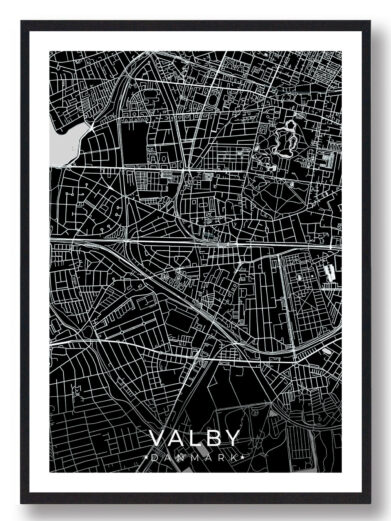 Valby bykort i stilrent plakat design. Denne Valby byplakat er med sort baggrund og viser Valby kortet fra sin smukkeste side