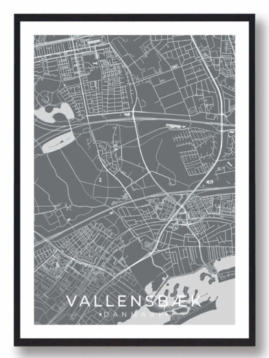Vallensbæk bykort i stilrent plakat design. Denne Vallensbæk byplakat er med grå baggrund og viser Vallensbæk kortet fra sin smukkeste side