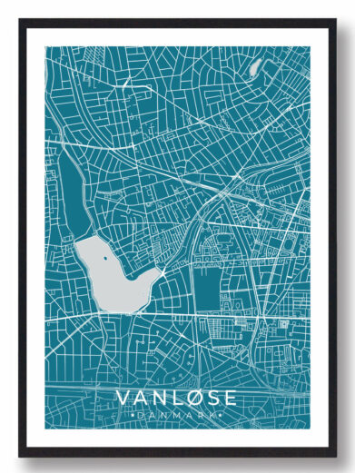 Vanløse bykort i stilrent plakat design. Denne Vanløse byplakat er med blå baggrund og viser Vanløse kortet fra sin smukkeste side