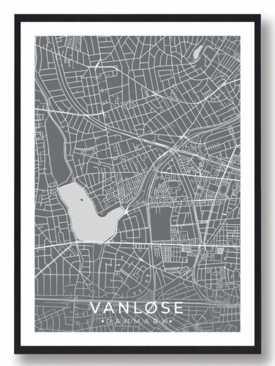 Vanløse bykort i stilrent plakat design. Denne Vanløse byplakat er med grå baggrund og viser Vanløse kortet fra sin smukkeste side