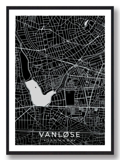 Vanløse bykort i stilrent plakat design. Denne Vanløse byplakat er med sort baggrund og viser Vanløse kortet fra sin smukkeste side