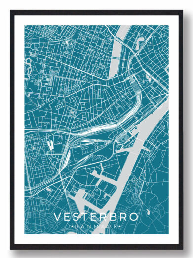 Vesterbro bykort i stilrent plakat design. Denne Vesterbro byplakat er med blå baggrund og viser Vesterbro kortet fra sin smukkeste side