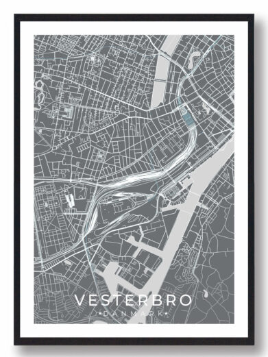 Vesterbro bykort i stilrent plakat design. Denne Vesterbro byplakat er med grå baggrund og viser Vesterbro kortet fra sin smukkeste side