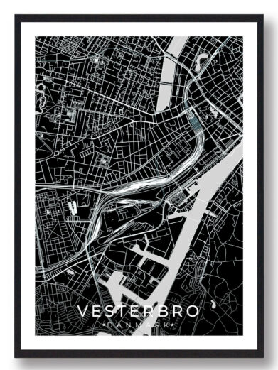 Vesterbro bykort i stilrent plakat design. Denne Vesterbro byplakat er med sort baggrund og viser Vesterbro kortet fra sin smukkeste side